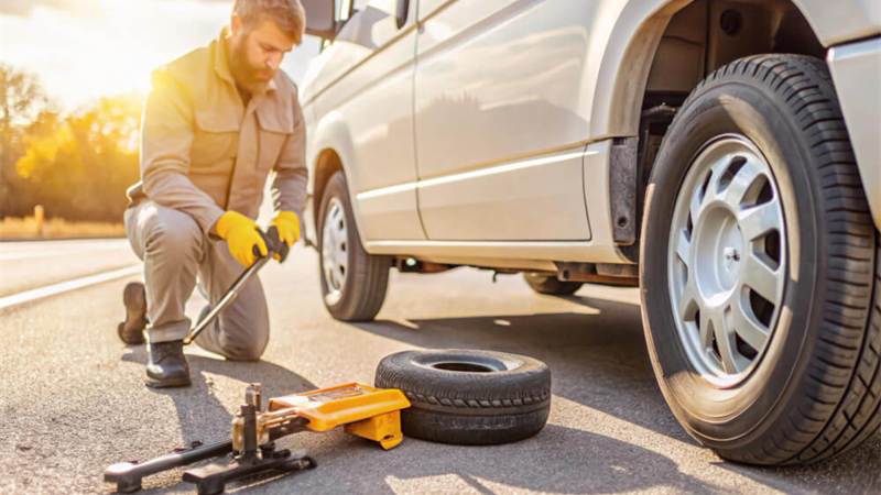 Roadside provider changing a flat tire beside a van
