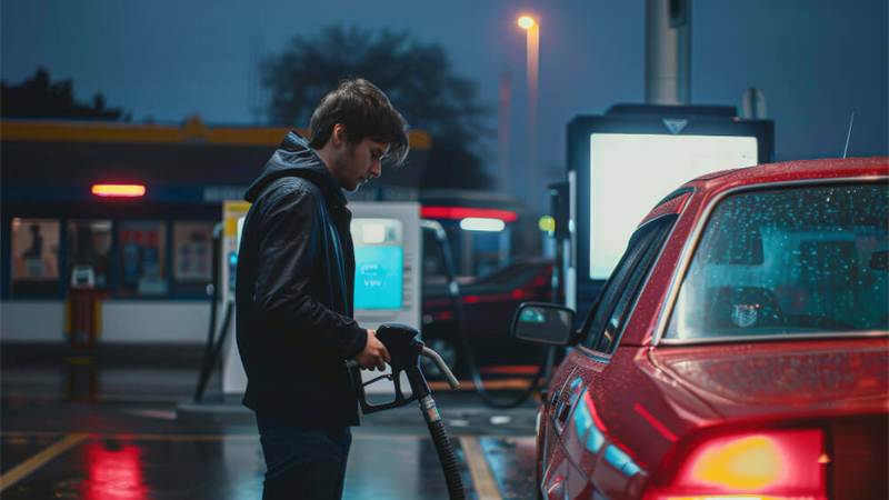 Driver fueling a red car at night
