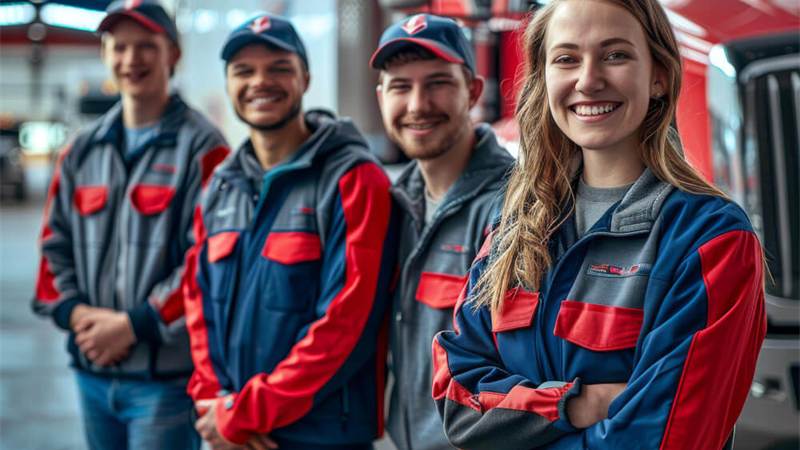 Roadside assistance team standing in a service garage