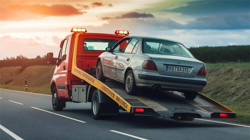 Tow truck carrying a car on the road