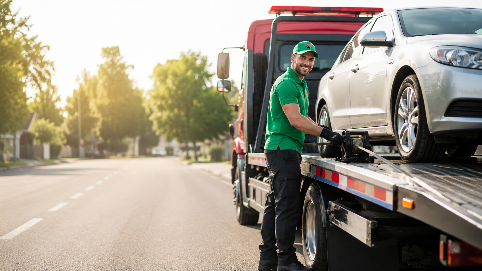 Professional tow operator loading a vehicle onto a flatbed truck